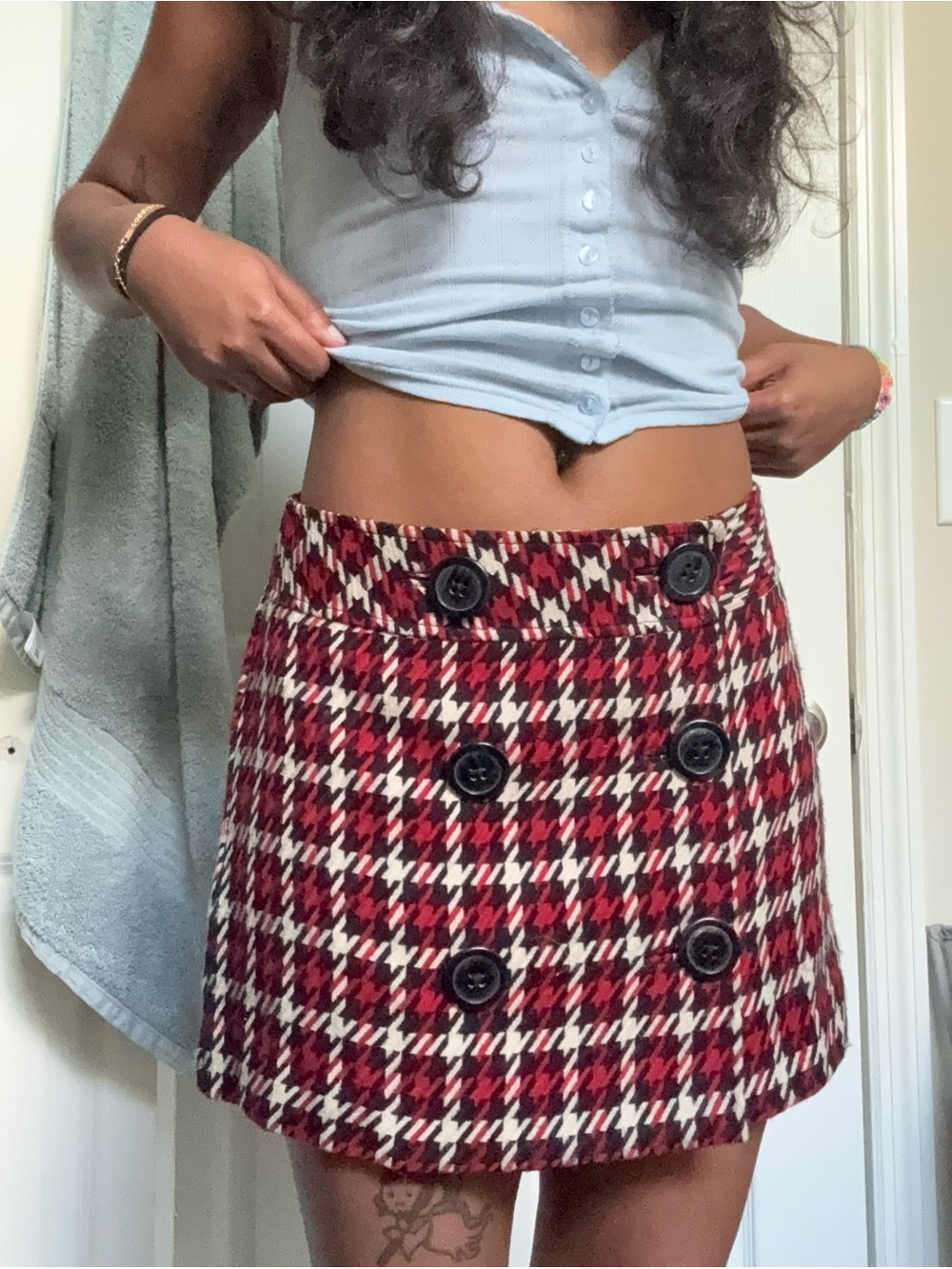 Express Red and White Houndstooth Double-Button Mini Skirt
